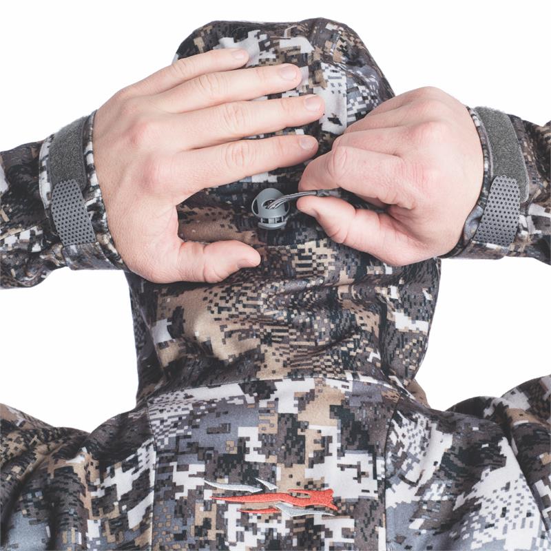 Shop - Sitka Gear - Downpour Jacket Elevated II|Downpour Jacket Safety Harness Pass Through Port|Downpour Jacket Articulated Hood|Draw String Hood|Downpour Jacket Compact